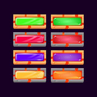 一套gui果冻和水晶，带有熔岩按钮，带有木制和岩石框架边框，用于游戏ui资产元素