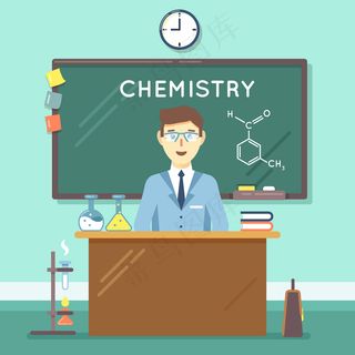 化学老师在课堂上。学校科学研究，大学人研究。矢量图平面教育背景