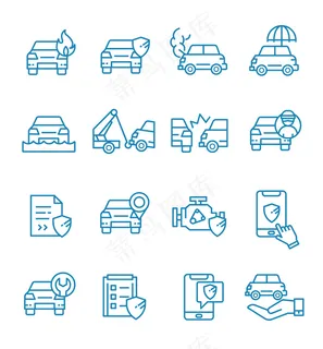 具有轮廓样式的汽车保险图标集。