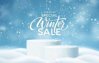 冬季产品登上领奖台，背景是漂移、雪花和雪。冬季和圣诞节折扣设计、销售的逼真产品讲台。矢量图