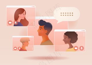 业务组会议的视频电话会议。远程工作。在家工作，在线网络研讨会。社交距离。在线技术概念说明。