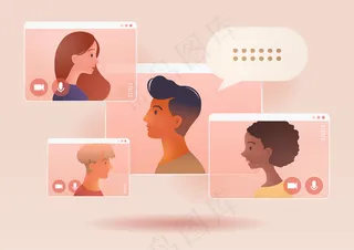 业务组会议的视频电话会议。远程工作。在家工作，在线网络研讨会。社交距离。在线技术概念说明。