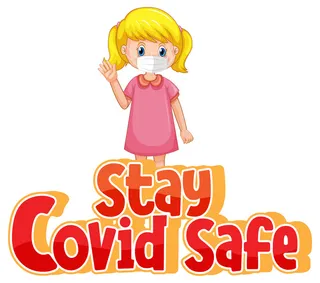 保持卡通风格的 covid 安全字体，一个女孩戴着白色背景的医用面具