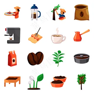 咖啡制作卡通元素。设置咖啡和加工生产的元素。 咖啡制作卡通元素。设置咖啡和加工生产的元素。