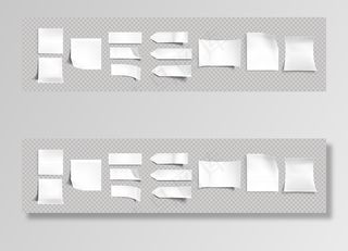 不同形状的白色贴纸，有阴影和折边，标签，备忘录模型样机的便签，隔离在透明的背景上。纸胶带，空白现实三维向量集