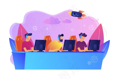 专业的游戏玩家在电脑游戏桌旁带着耳机。电子竞技团队，玩家群体，职业玩家团队概念。