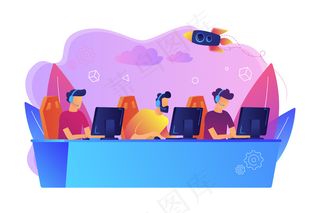 专业的游戏玩家在电脑游戏桌旁带着耳机。电子竞技团队，玩家群体，职业玩家团队概念。