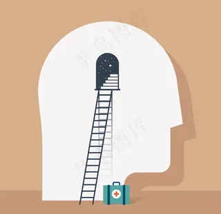 心理治疗抽象概念，人类头部轮廓，门口有楼梯，背景为暗星，*靠在上面，急救箱靠在上面。心理健康帮助概念。插图
