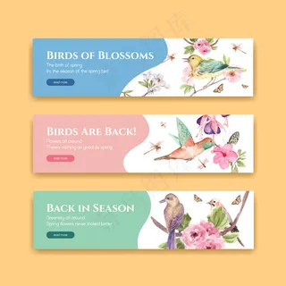 广告和营销水彩插画与春季和鸟类概念设计横幅banner模板