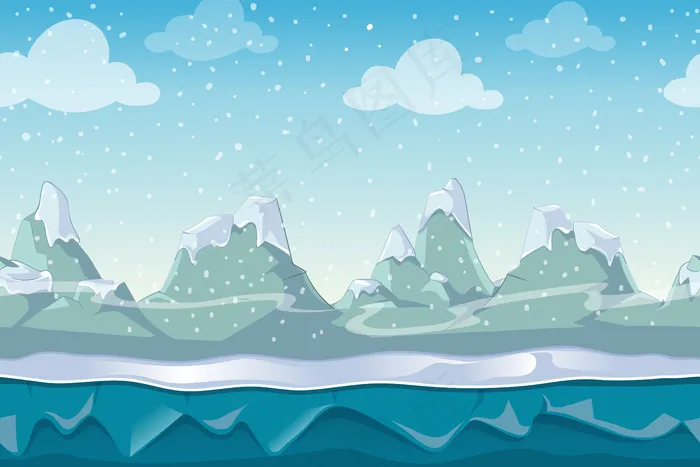 无缝卡通冬季矢量景观电脑游戏。雪天山，户外环境插画eps,ai矢量模版下载