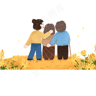 重阳节底部装饰合家外出背影草地