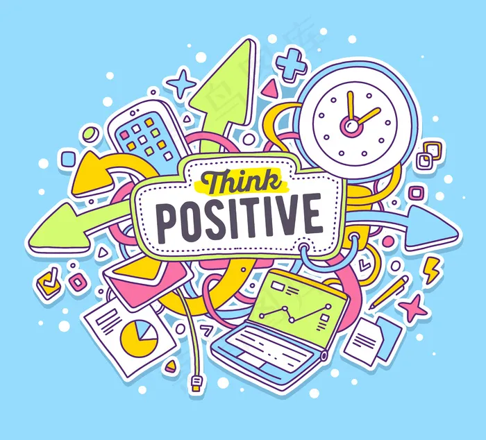 矢量彩色插图的办公对象与蓝色背景上的文本。思考积极的概念。eps,ai矢量模版下载