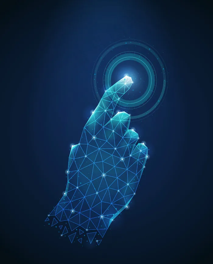 人体手触多边形线框图像到电子显示屏的抽象矢量图解eps,ai矢量模版下载