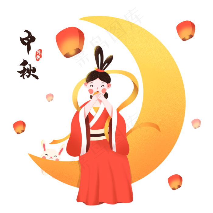 中秋节坐在月亮上吃月饼的嫦娥(2000X2000(DPI:300))psd模版下载
