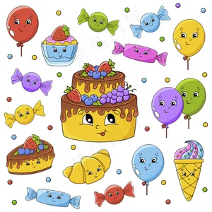 一套带有可爱卡通人物的贴纸。生日快乐主题。