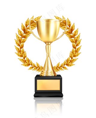 奖杯桂冠花环组成具有现实主义形象的金杯饰以倒影花环