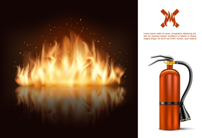 用灭火器和火焰在黑暗的背景下，在真实风格的插图热燃烧发光