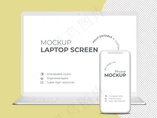 极简的frontview笔记本电脑屏幕和手机模型样机模板