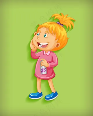 可爱的小女孩站着微笑绿色背景卡通人物