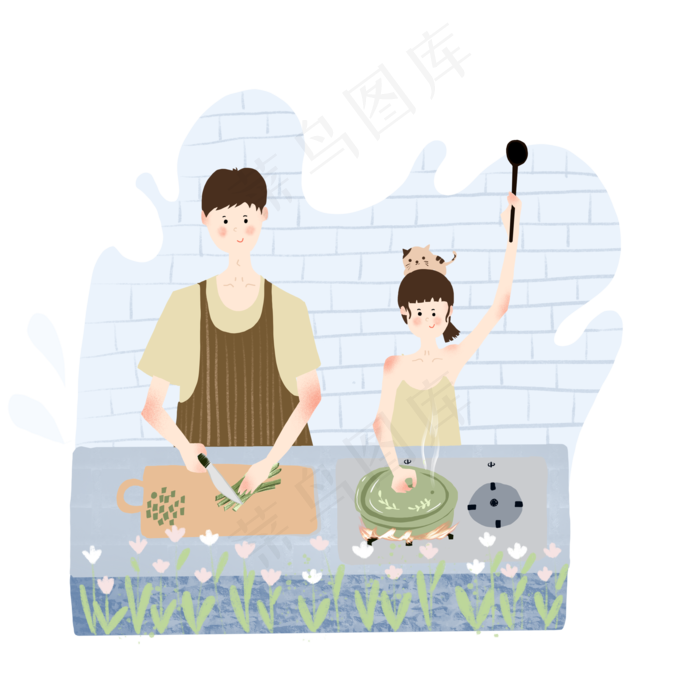 七夕节人物蓝色系情侣厨房做饭煲