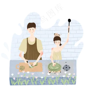 七夕节人物蓝色系情侣厨房做饭煲