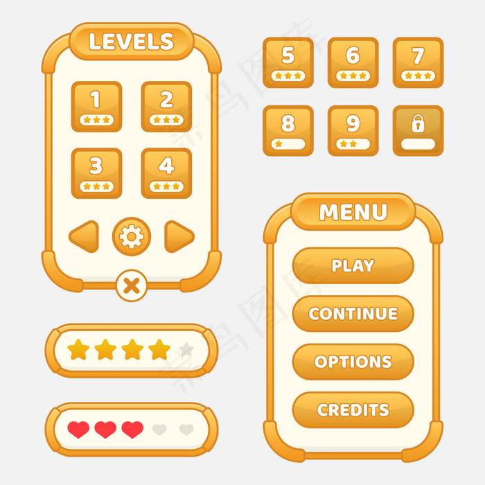 rpg和冒险游戏的一套游戏菜单选择，包括菜单、关卡选择和选项。