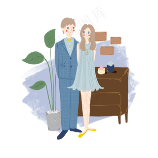 七夕情人节蓝色系复古情侣手绘