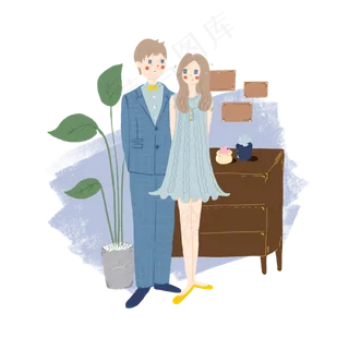 七夕情人节蓝色系复古情侣手绘