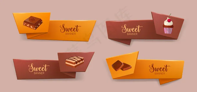 一套优雅的带子或丝带横幅banner，上面有美味的甜点或美味的甜点——饼干、巧克力、纸杯蛋糕