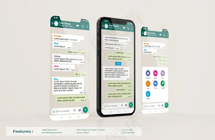 手机上的Whatsapp接口模板和ui-ux应用程序app演示模型样机psd模版下载