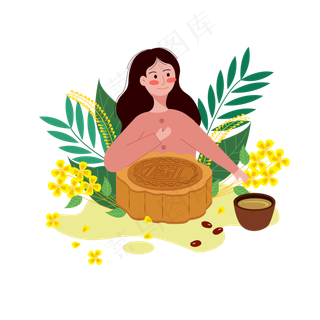 中秋吃月饼喝茶的女孩