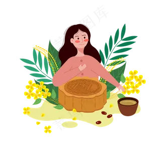 中秋吃月饼喝茶的女孩