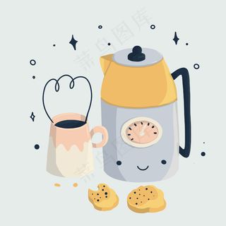 Kawaii一套咖啡壶和一杯带饼干的咖啡