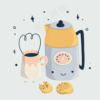Kawaii一套咖啡壶和一杯带饼干的咖啡