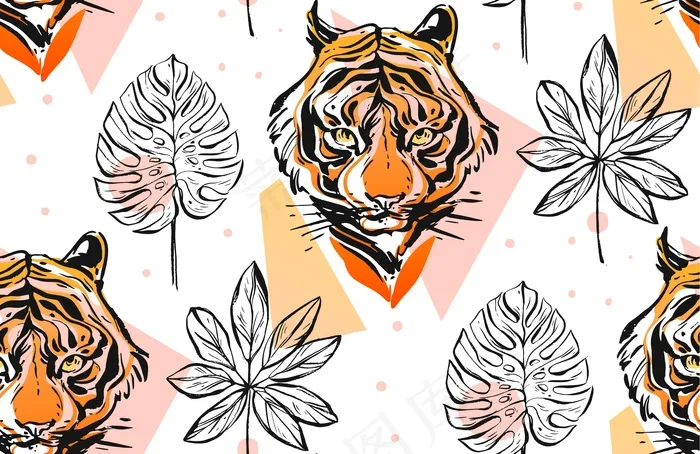 手绘抽象创意无缝图案配虎脸插画eps,ai矢量模版下载