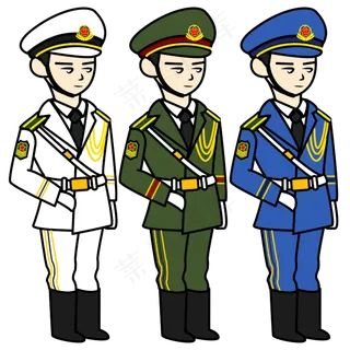 矢量手绘卡通解放军海陆空三军人