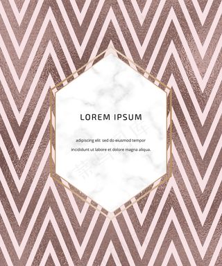 雪佛龙玫瑰金箔线背景与大理石框架。几何模板。