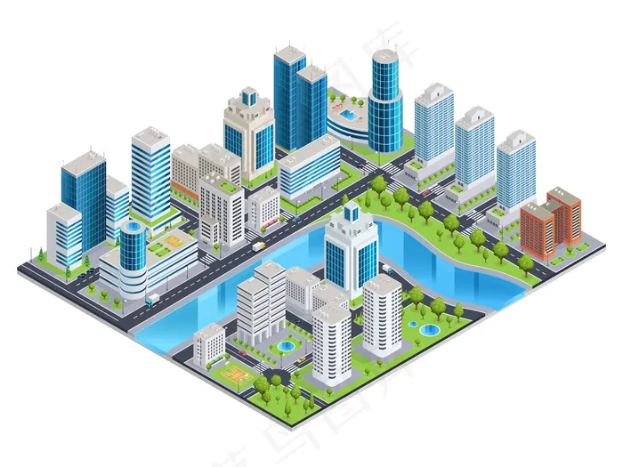 现代城市等距景观eps,ai矢量模版下载