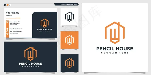 房屋标志与线艺术铅笔内风格和名片