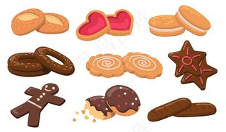五颜六色的饼干和饼干平面元素集。卡通新鲜圆润甜甜可口的甜点饼干。糕点和糖果概念