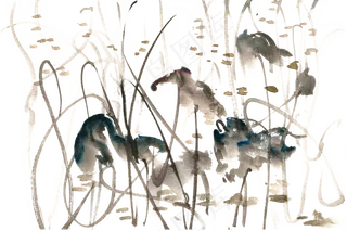 池塘秋荷水彩画PNG免抠素材