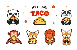 一套标志快餐。动物吃玉米卷