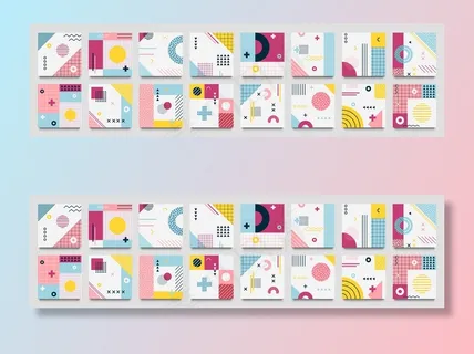 抽象的新孟菲斯几何图案。地理网格正方形，彩色现代几何背景线和点模式集。