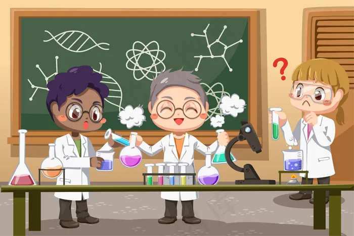 一群年轻的科学实验室工作人员卡通人物在实验室里进行各种实验eps,ai矢量模版下载