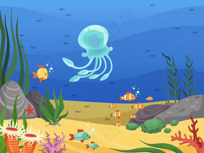 水下的海洋生物背景与水草藻类卡通景观