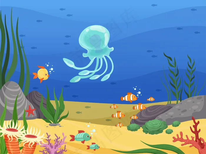 水下的海洋生物背景与水草藻类卡通景观eps,ai矢量模版下载