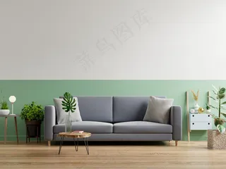 灰色沙发在简单的客厅内部，3d 渲染