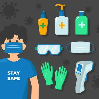 创意戴口罩男子和医用防护用品矢量图