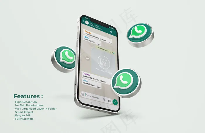 Whatsapp的银色手机模型样机psd模版下载