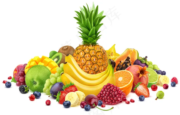 一堆不同的整块和切片的热带水果